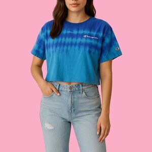 🌀 Champion Blue Tie-Dye Crop Tee – Size L (Loose Fit) | Streetwear Essential